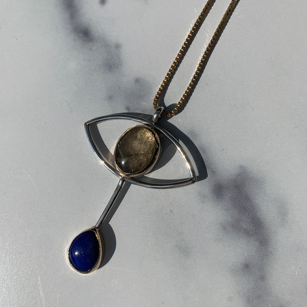 Mixed Metal Crybaby Necklace with Rutilated Quartz & Lapis Lazuli