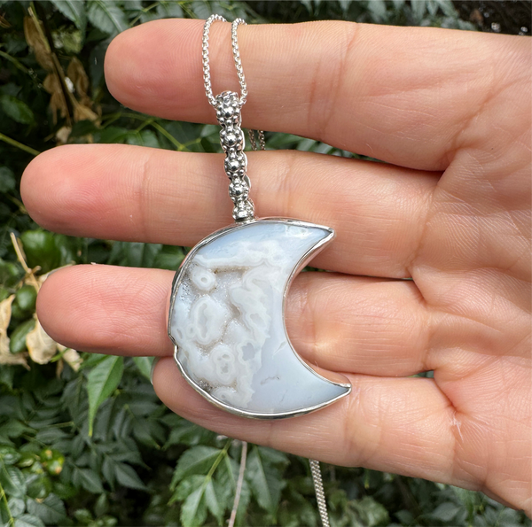White Agate Druzy Moon Necklace