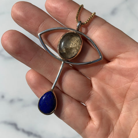 Mixed Metal Crybaby Necklace with Rutilated Quartz & Lapis Lazuli