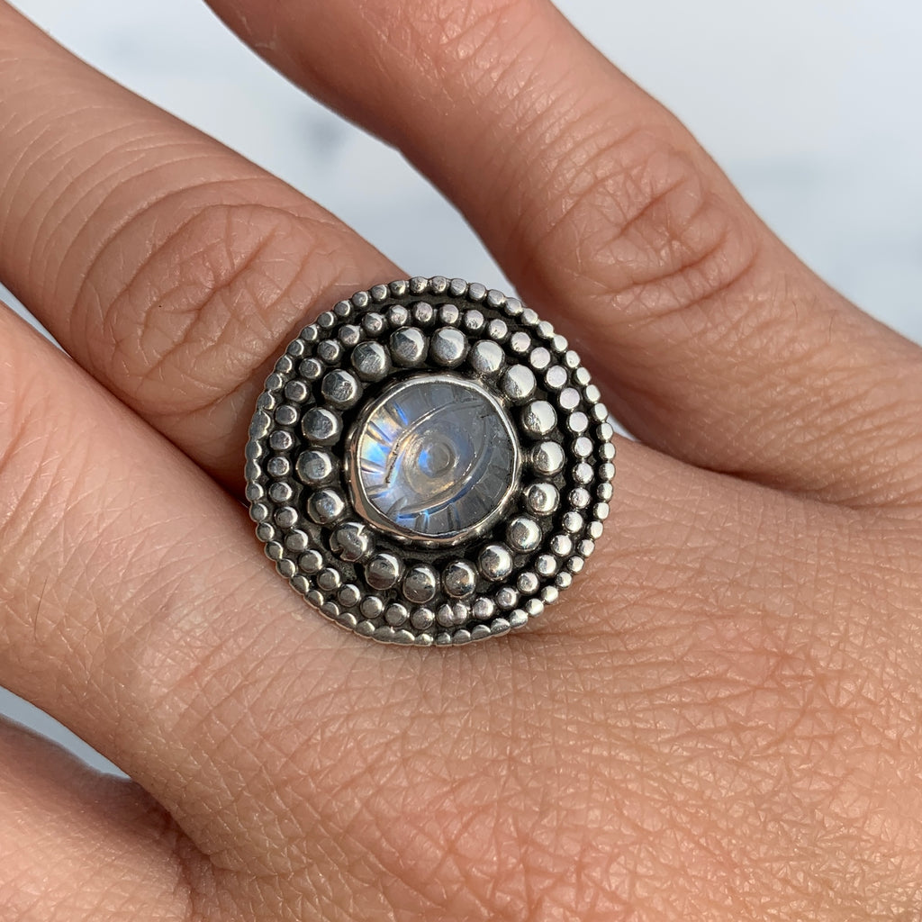 Rainbow Moonstone Oracle Medallion Ring
