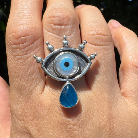Evil Eye Crybaby Ring with Gem Blue Apatite