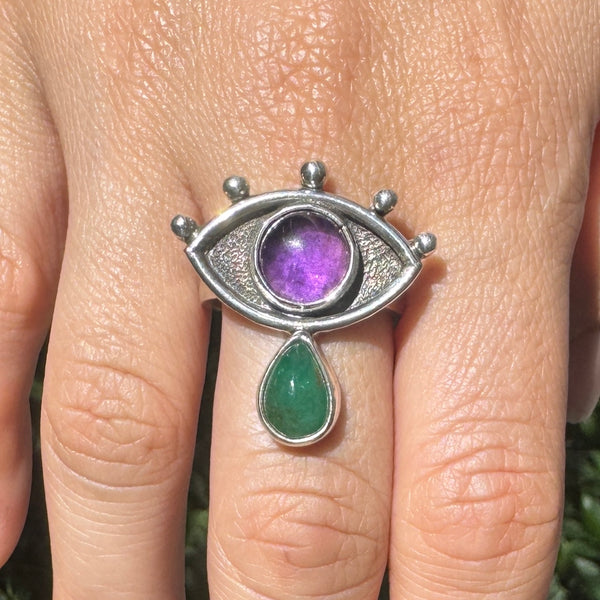 Crybaby Ring with Amethyst & Emerald