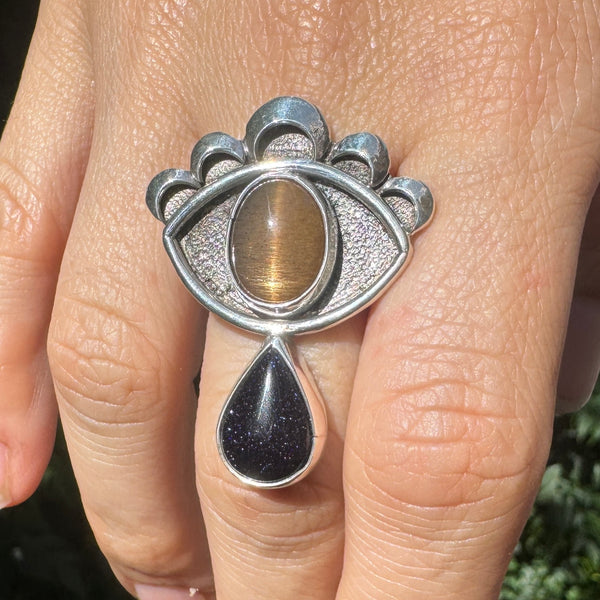 Crybaby Ring with Cat's Eye Sunstone & Blue Goldstone