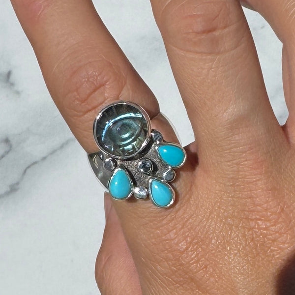 Crybaby Ring With Carved Labradorite, Turquoise, and Sapphire