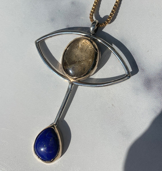 Mixed Metal Crybaby Necklace with Rutilated Quartz & Lapis Lazuli