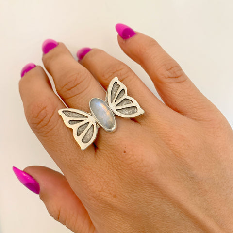 Butterfly Ring with Rainbow Moonstone