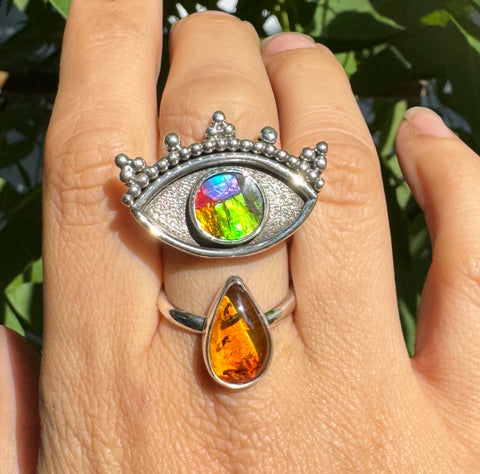 Crybaby Ring with Opalized Ammolite & Baltic Amber