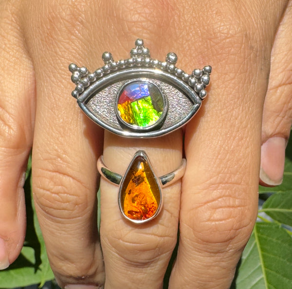 Crybaby Ring with Opalized Ammolite & Baltic Amber