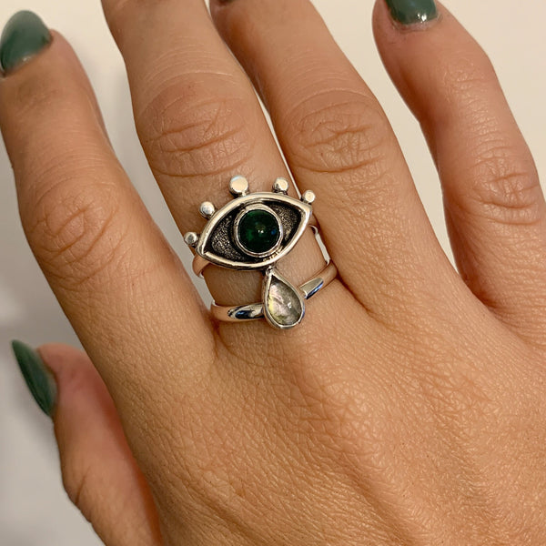Crybaby Ring with Emerald & Labradorite