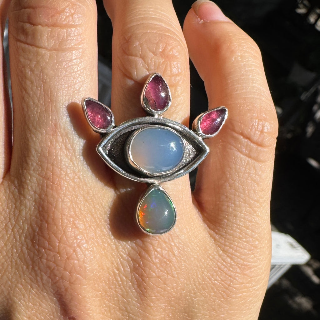 Crybaby Ring with Chalcedony, Welo Opal & Pink Tourmaline (Size 7)
