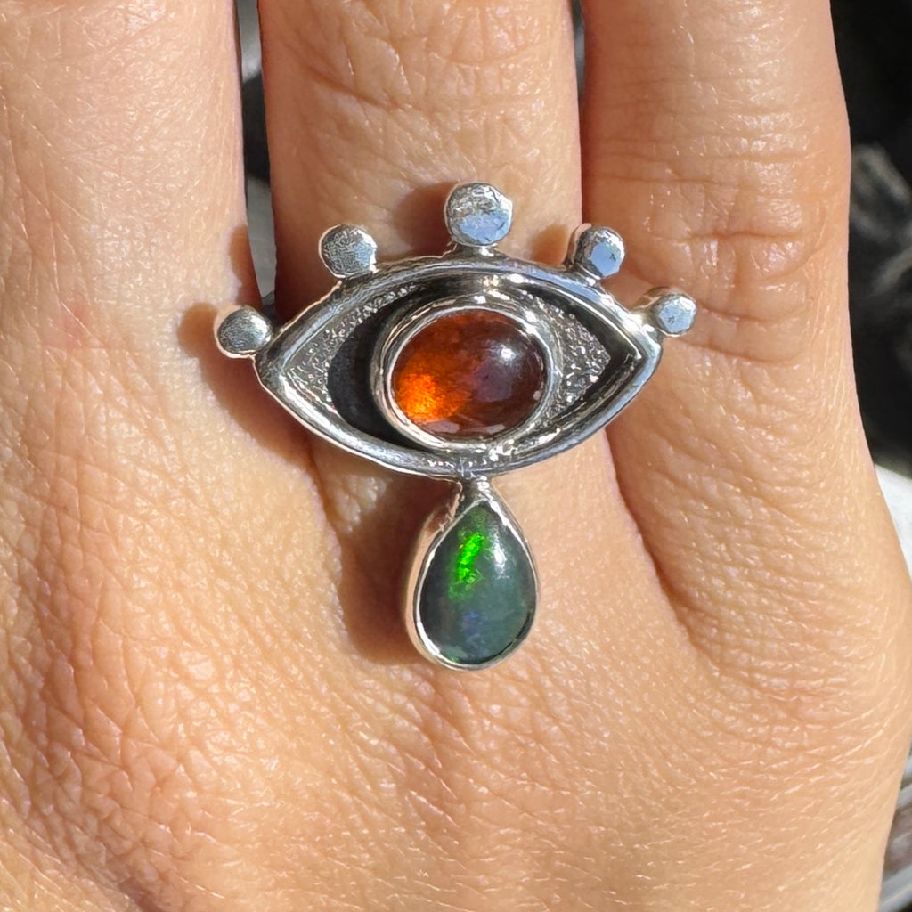 Crybaby Ring with Spessartine Garnet & Smoked Welo Opal (Size 6.75)