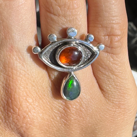 Crybaby Ring with Spessartine Garnet & Smoked Welo Opal (Size 6.75)