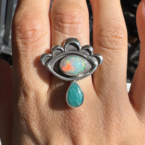 Crybaby Ring with Welo Opal & Amazonite (Size 8)