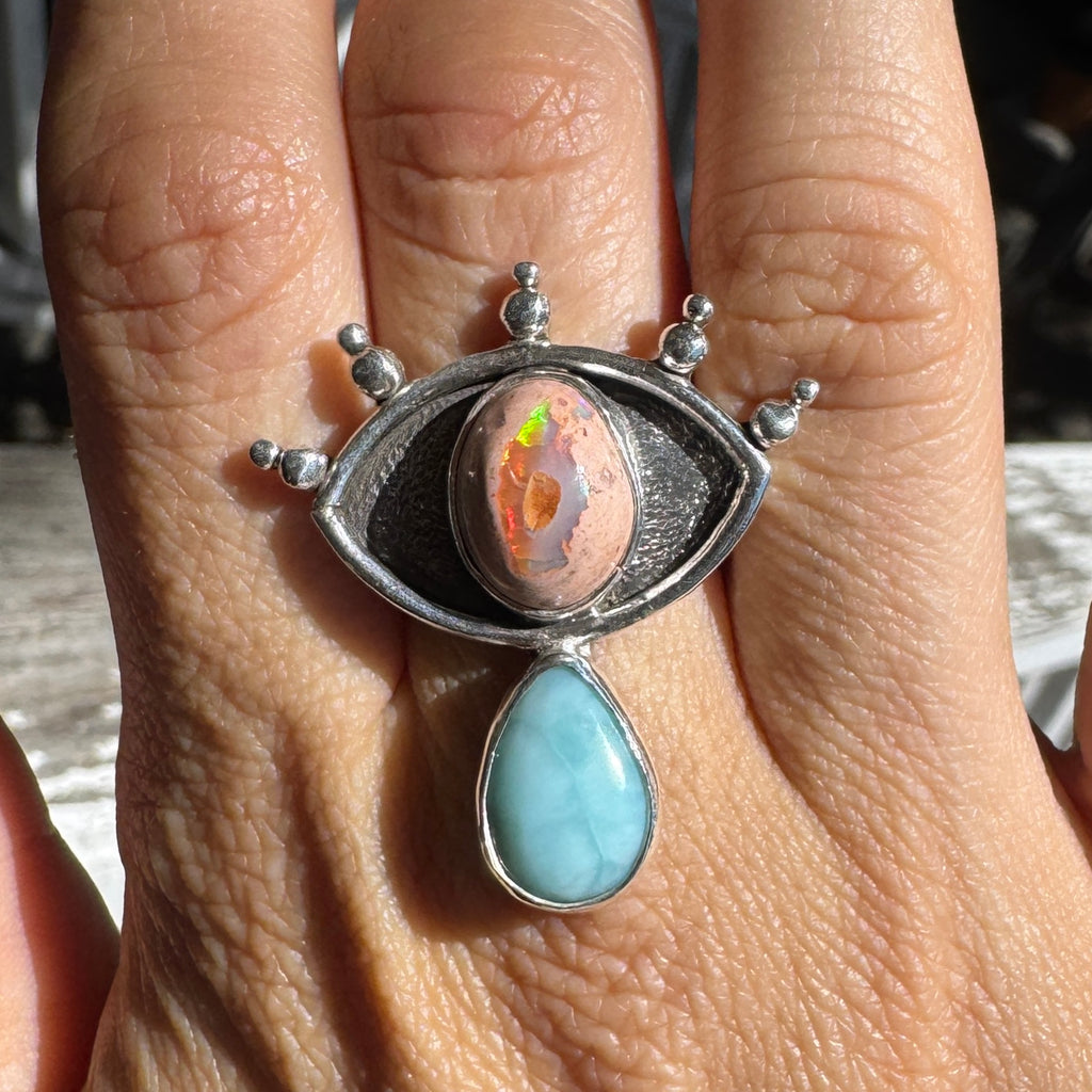 Crybaby Ring with Cantera Opal & Larimar (size 7.5)