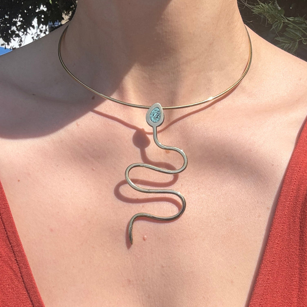 Brass & Turquoise Inlay Serpent Necklace