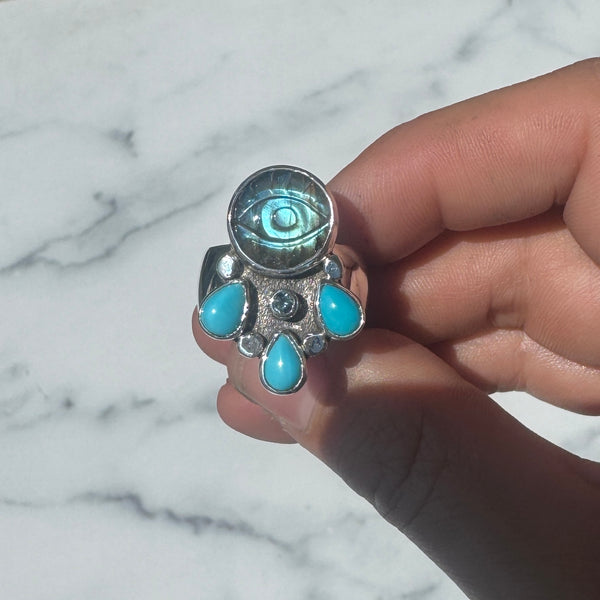 Crybaby Ring With Carved Labradorite, Turquoise, and Sapphire