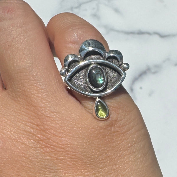 Crybaby Ring with Abalone and Peridot