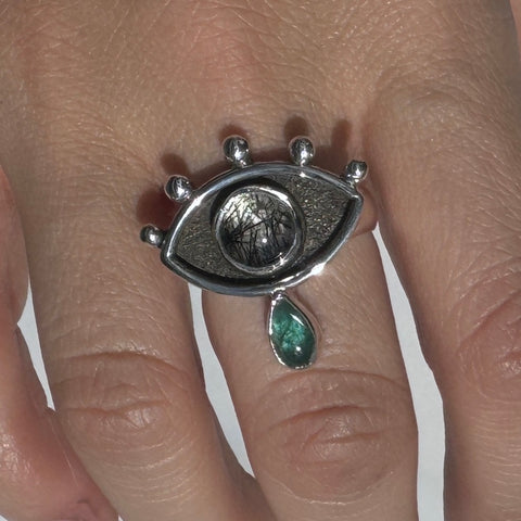 Crybaby Ring with Tourmalinated Quartz & Emerald