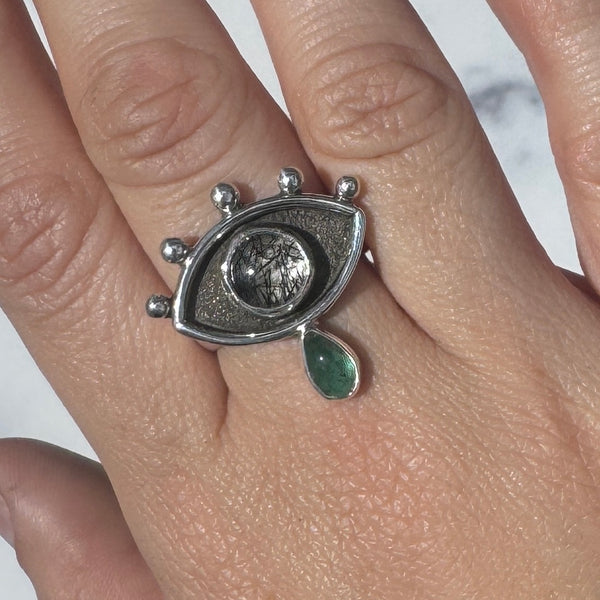 Crybaby Ring with Tourmalinated Quartz & Emerald