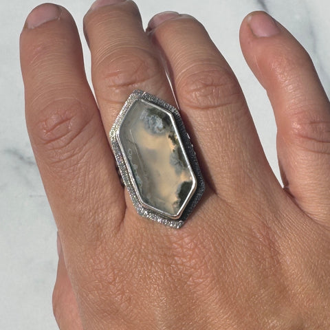 Moss Agate Elongated Hex Ring