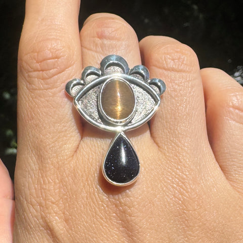 Crybaby Ring with Cat's Eye Sunstone & Blue Goldstone