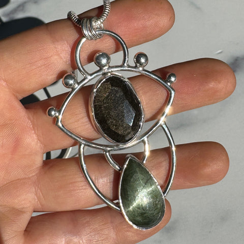 Crybaby Pendant With Obsidian and Actinolite