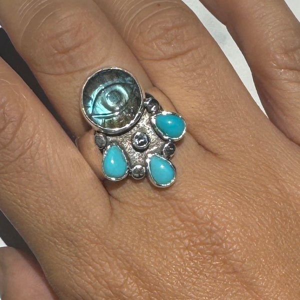 Crybaby Ring With Carved Labradorite, Turquoise, and Sapphire