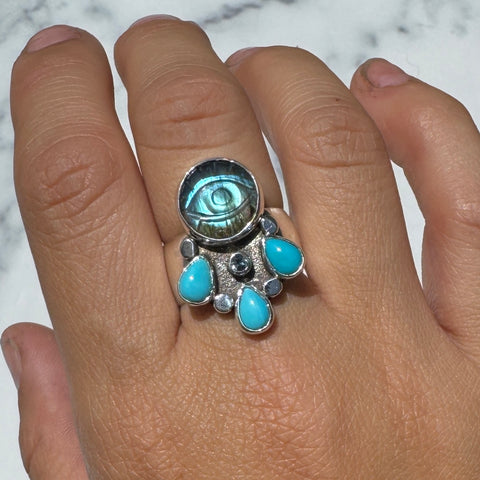 Crybaby Ring With Carved Labradorite, Turquoise, and Sapphire