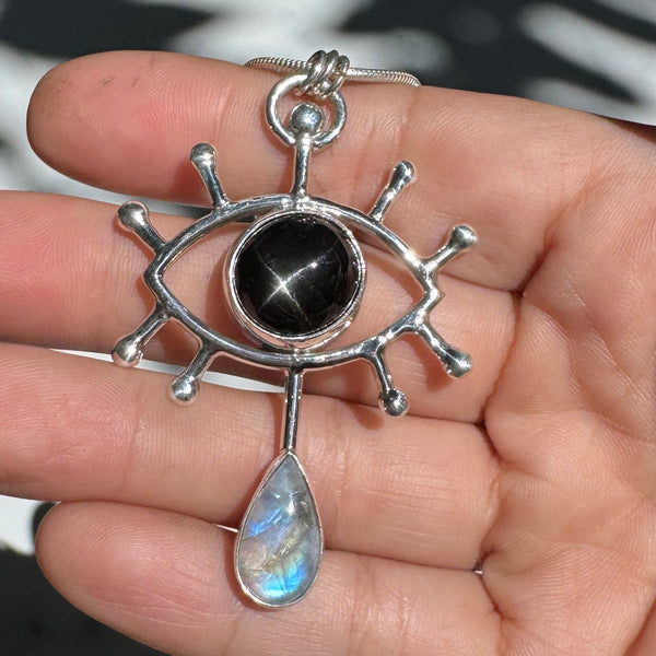 Crybaby Pendant with Star Diopside and Rainbow Moonstone