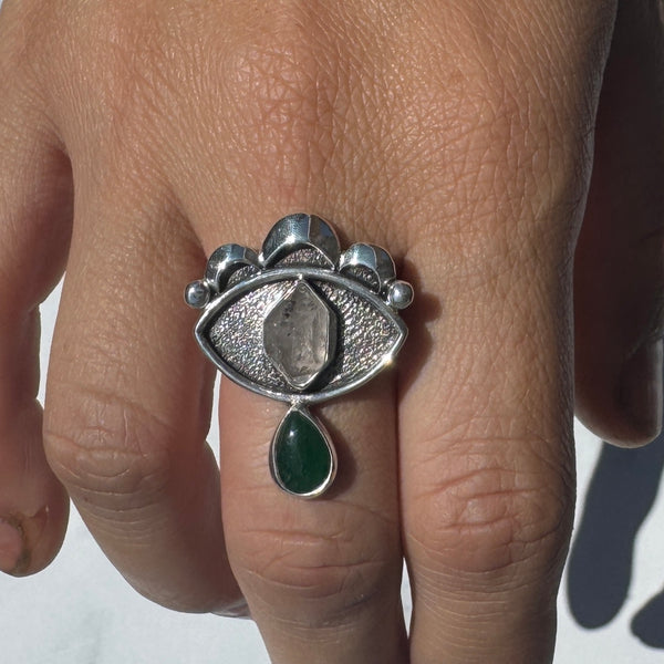 Crybaby Ring with Herkimer Diamond & Emerald