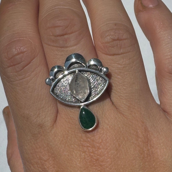 Crybaby Ring with Herkimer Diamond & Emerald