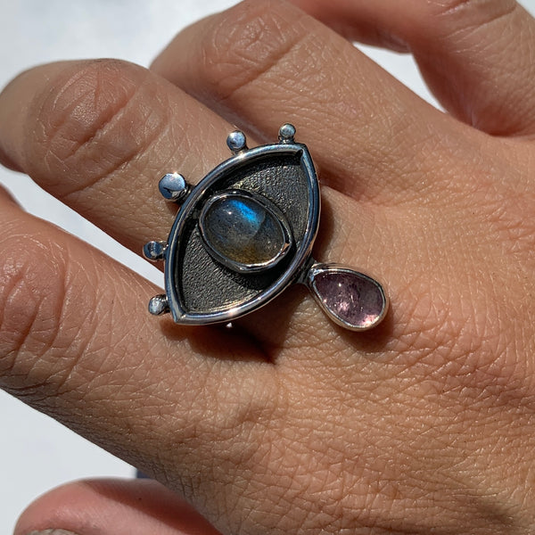 Crybaby Ring with Labradorite & Tourmaline