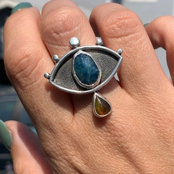 Crybaby Ring with Blue Apatite & Yellow Tourmaline