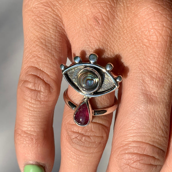 Crybaby Ring with Abalone and Pink Tourmaline