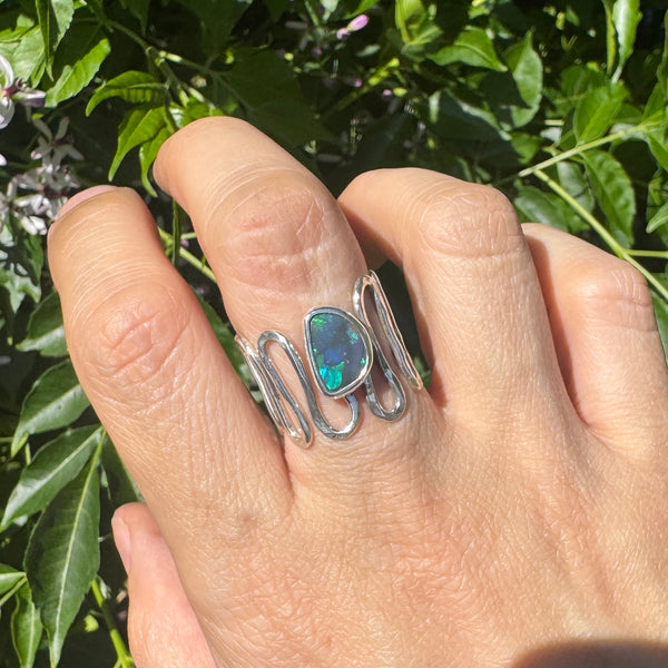 Australian Opal Squiggle Band Ring (adjustable from size 7-12)