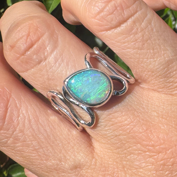 Australian Opal Squiggle Band Ring (adjustable from size 9.25-13)